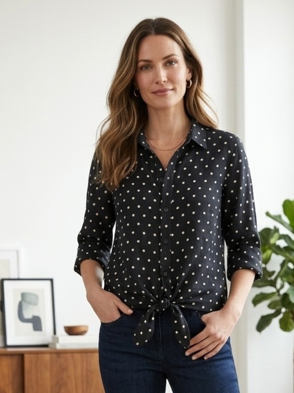 Chico's Black Polka Dot Button-Down Tie-Front Shirt